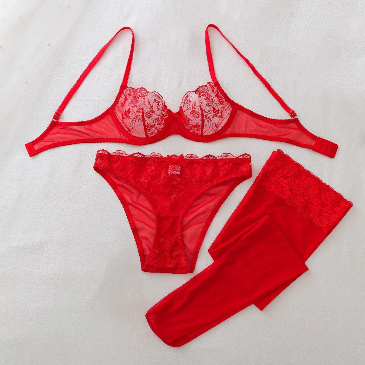 Sheer Mesh Bra - Przezroczysty erotyczny komplet z siateczki, damski,
