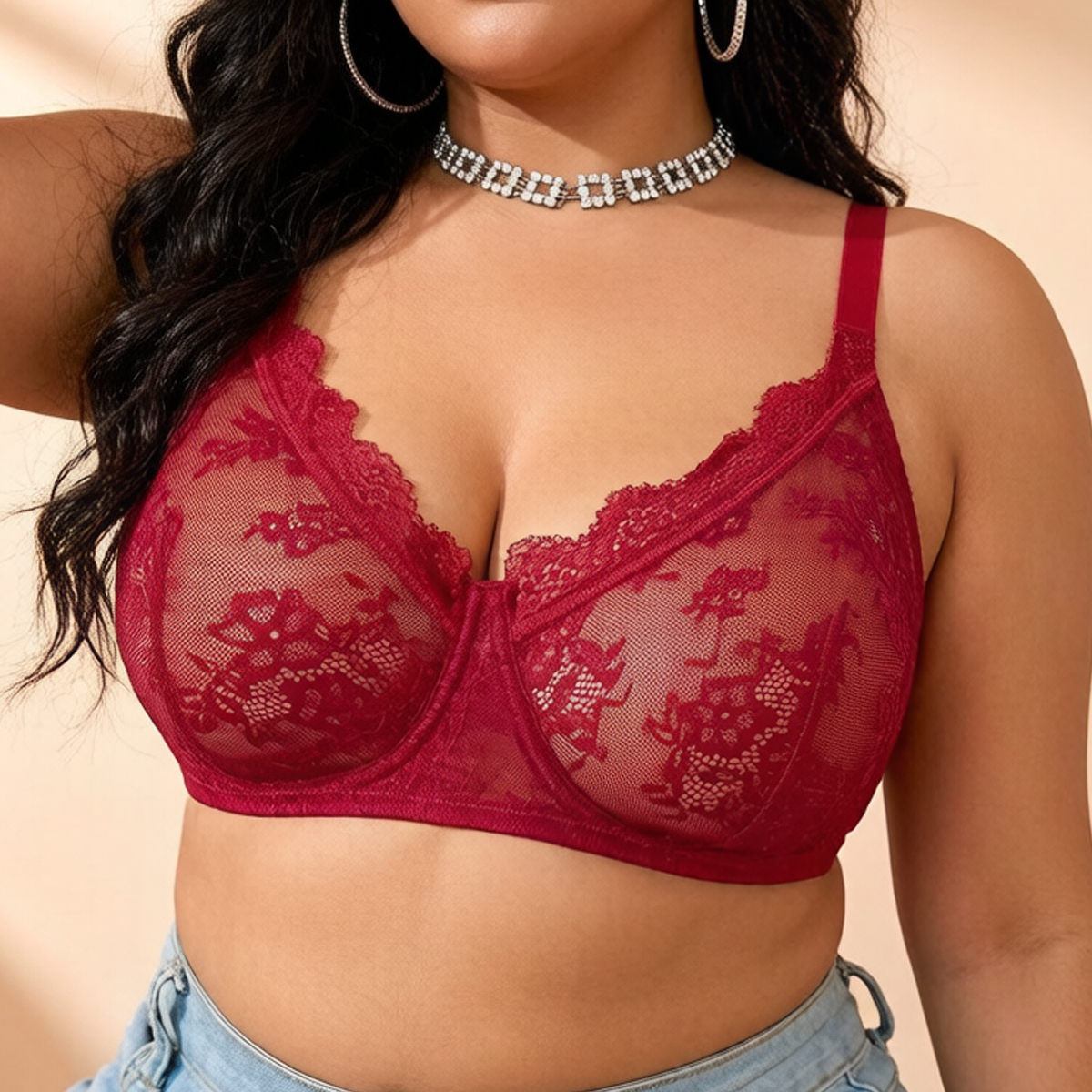 Sheer Mesh Bra - Damski biustonosz plus size, czerwona koronka,
