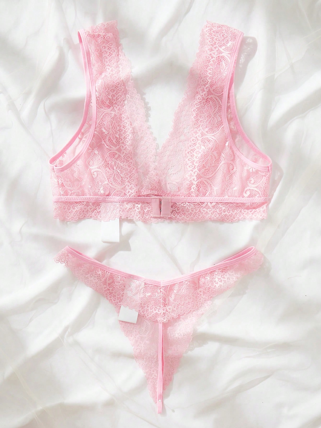 Lace Bralette Set - Różowy koronkowy zestaw bielizny, prześwitujący kwiatowy
