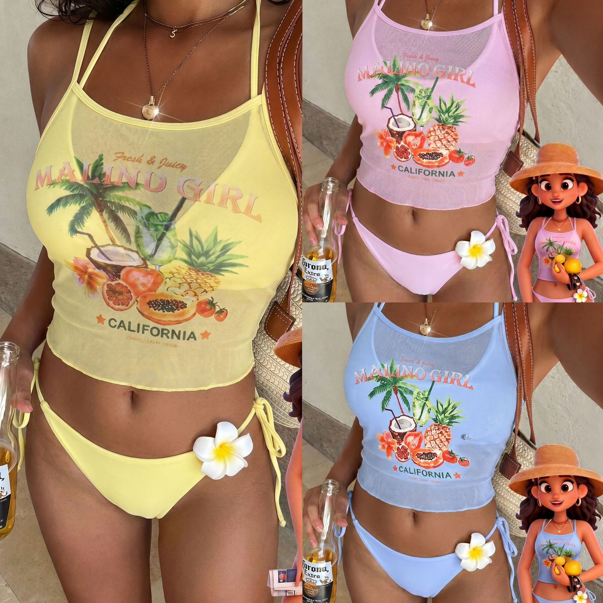 Sheer Mesh Bra - Biustonosz bikini z nadrukiem owoców, pastelowożółte